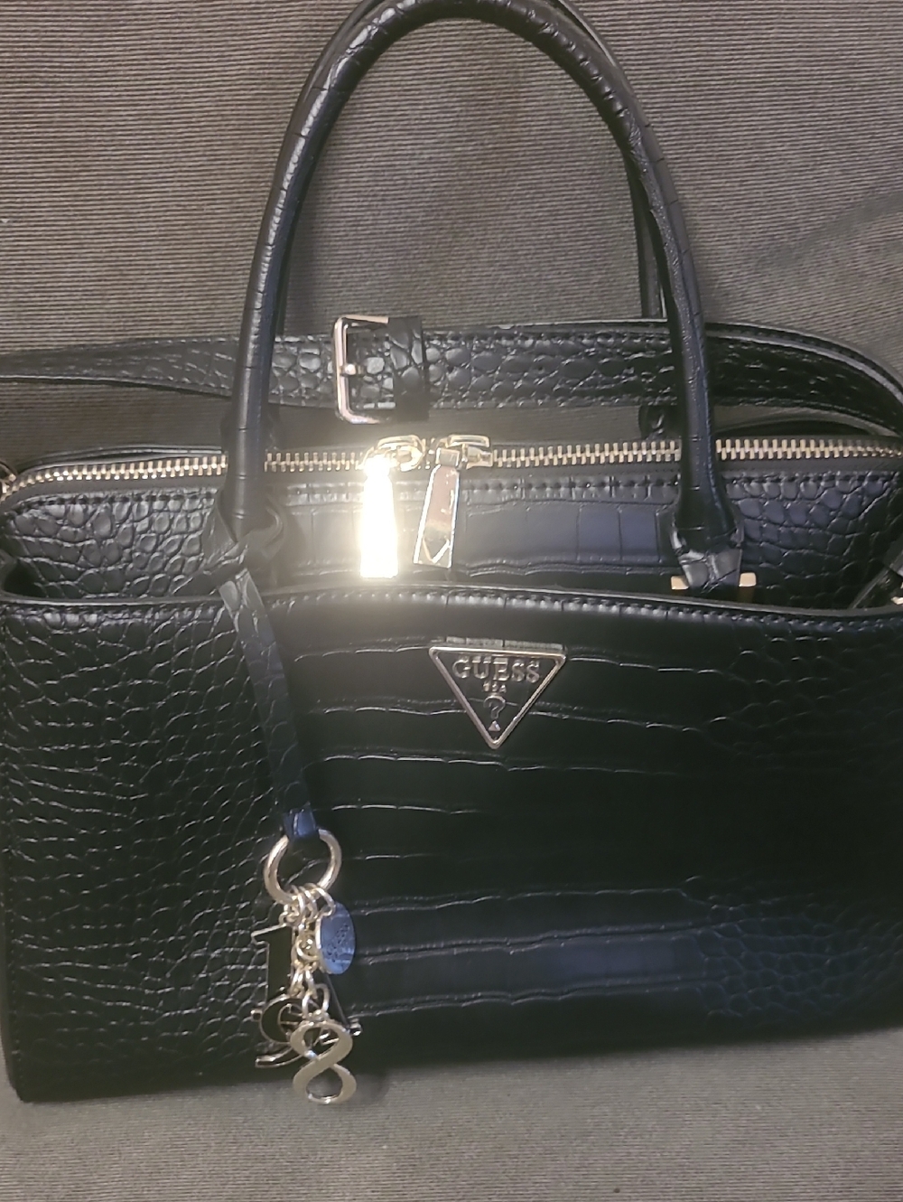 GUESS Black Croc-Embossed Satchel with Charm Accents